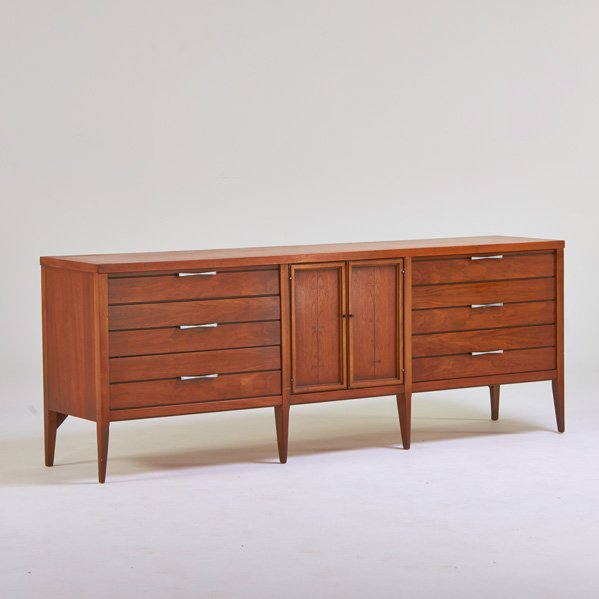 LANE: Cabinet, Alta Vista, VA, 1960s; Walnut, rosewood, ebony, enameled metal; Branded; 30" x 80" x 18"
