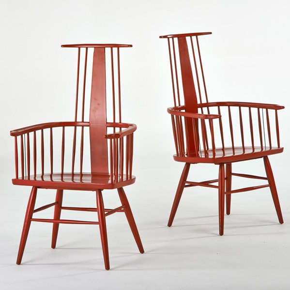 KIPP STEWART; DREXEL: Pair of Suncoast Windsor chairs, USA, 1950s; Painted wood; Both stenciled; 42" x 23 1/2" x 21"