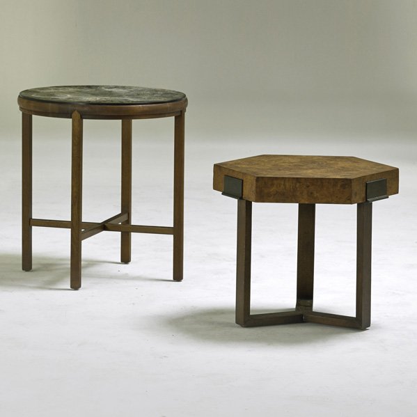 JOHN STUART: Two side tables, USA, 1960s; Burlwood, etched brass, bronze, walnut; One with metal label, Taller: 20 1/2" x 18 1/2"