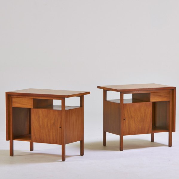 JOHN STUART; WIDDICOMB: Pair of nightstands, Grand Rapids, MI, 1960s; Walnut, brass; Decal labels; 23 1/4" x 26" x 16"