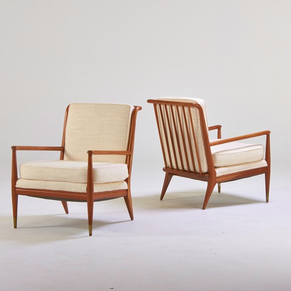 JOHN STUART; WIDDICOMB: Pair of lounge chairs, USA, 1960s; Sculpted maple, brass, wool; Unmarked; 33" x 26 1/2" x 30"