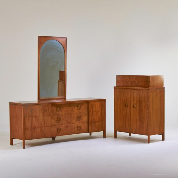 JOHN STUART; WIDDICOMB: Mirror and two dressers, Grand Rapids, MI, 1960s; Walnut, burled wood, brass, mirrored glass; Decal labels, brass label; Taller dresser: 51" x 36 1/2" x 19", shorter dresser: 32" x 75" x 20", mirror: