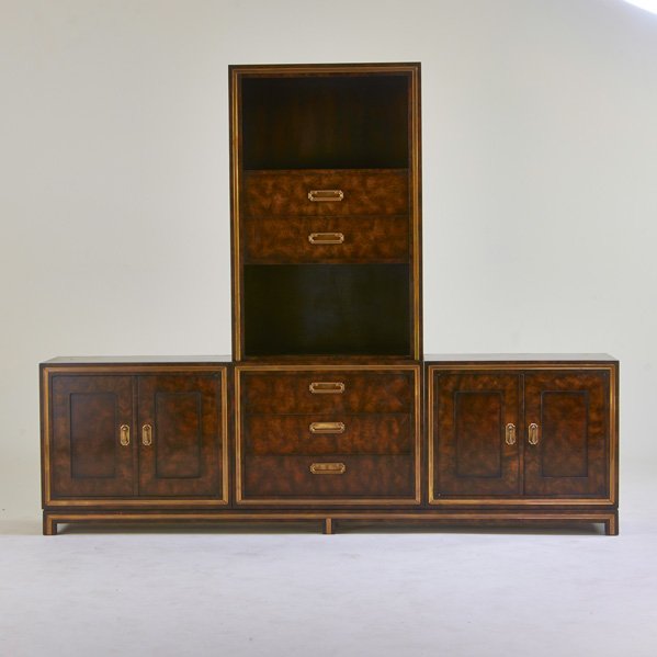 MASTERCRAFT: Triple cabinet, USA, 1970s; Burlwood, bronze; Fabric label; 30 1/2" x 100" x 19 1/4" (Note: with detachable upper cabinet, 51" x 33" x 17 1/2")