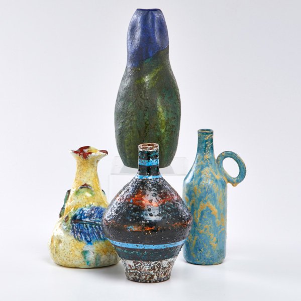 MARCELLO FANTONI; RAYMOR: Four ceramic bottle shaped vases, Italy, 1960s; All signed, ring-handled vessel dated 1960; Tallest: 10"