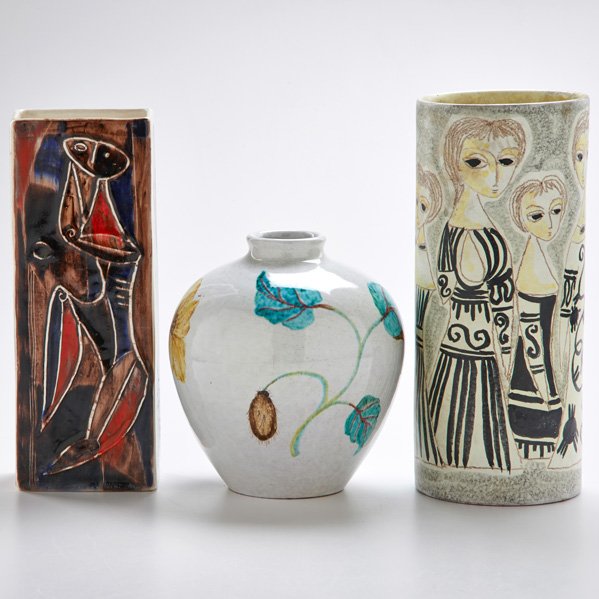MARCELLO FANTONI; RAYMOR: Three ceramic vases, two cylindrical with figural decoration and one bulbous with foliate motifs, Italy, 1960s; All signed; Tallest: 11 3/4"