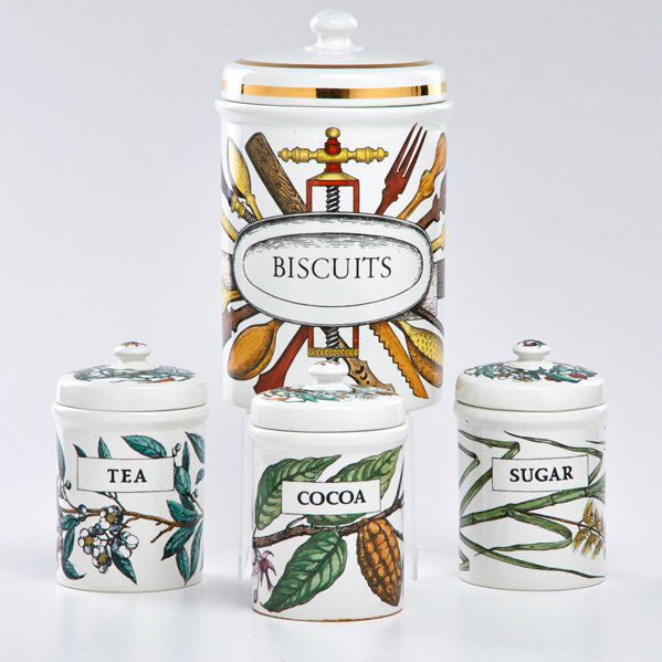 PIERO FORNASETTI: Set of four lidded porcelain canisters for biscuits, tea, cocoa, and sugar, Italy, 20th c.; All marked; Largest: 11 1/2" x 7" dia.
