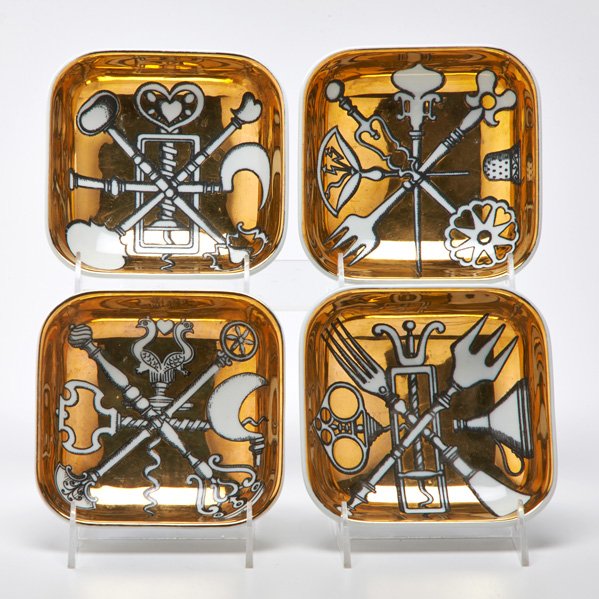 PIERO FORNASETTI: Set of four square "Posateria" porcelain bowls, Italy, 1955; All marked; Each: 1 1/2" x 5 1/4" sq.