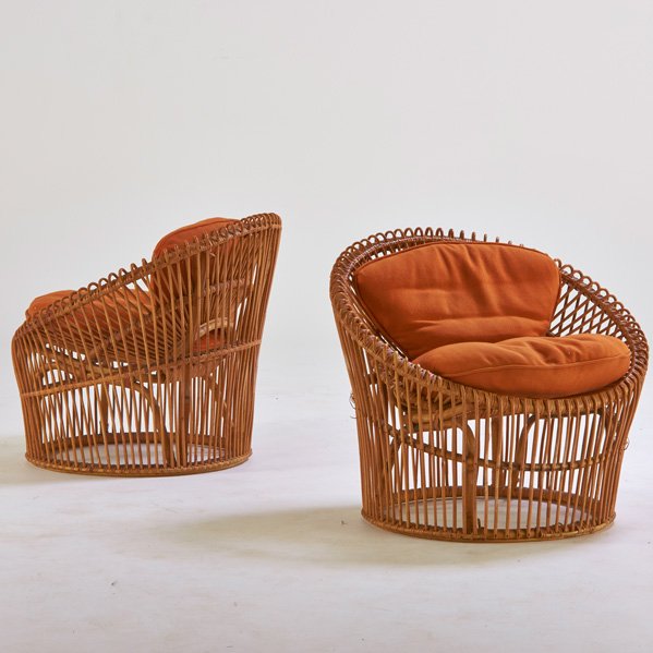 FRANCO ALBINI (Attr.): Pair of lounge chairs, 1960s; Bamboo, wicker, split-reed, upholstery; Unmarked; 29 1/2" x 34" dia.