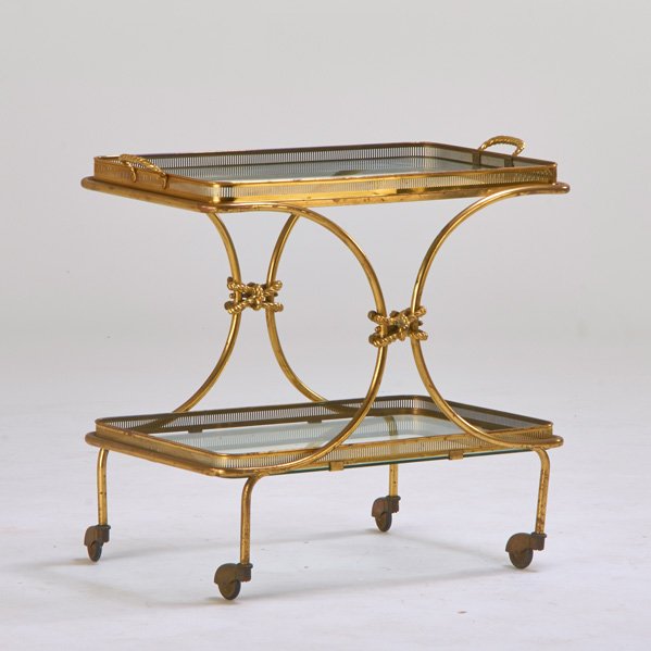 ITALIAN: Bar cart with removable tray, 1960s; Brass, glass, Unmarked; 25 1/2" x 27" x 17 1/2"