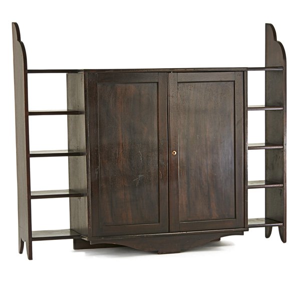 EUGENE PRINTZ: Bookcase, France, 1930s; Stained and lacquered mahogany, brass; Unmarked; 59 1/2" x 71" x 17 1/2"