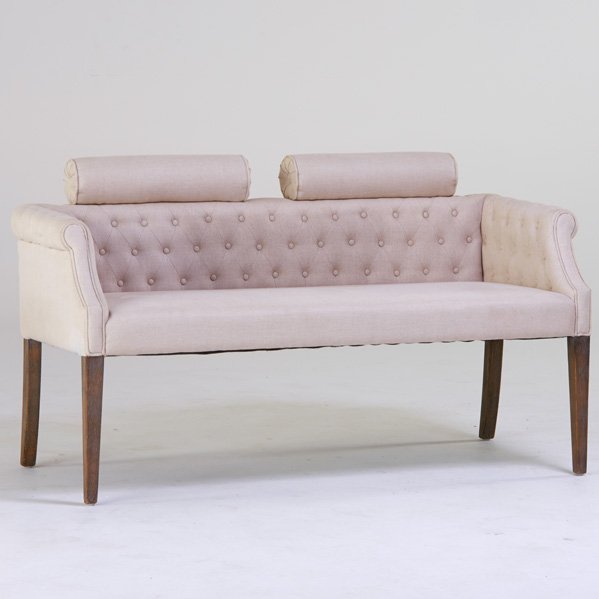 FRENCH: Settee, 1940s; Cerused oak, canvas; Unmarked; 31" x 15 1/2" x 26"