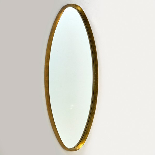 LaBARGE: Oval gilt mirror, USA, 1950s; Unmarked; 49" x 19 1/2"x 2 1/2"