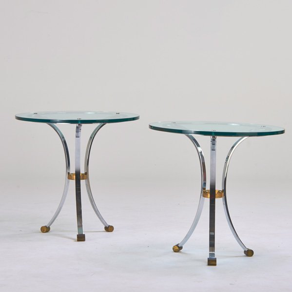 MAISON JANSEN: Pair of lamp tables, France, 1960s; Chromed steel, brass, glass; Provenance: Hotel Waldorf Astoria, NY; 27 1/2" x 28" dia.
