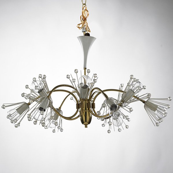 EMIL STEJNAR: Chandelier and pair of sconces, Austria, 1960s; Brass, enameled metal, acrylic; Unmarked; Sconces: 9 1/4" x 14 1/2" x 5 1/2"; Chandelier: 17" x 28" dia.