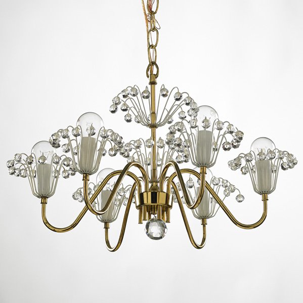 EMIL STEJNAR: Chandelier and table lamp, Austria, 1960s; Brass, enameled metal, crystal; Unmarked; Chandelier: 12 3/4" x 20" x 18"
