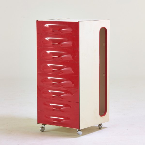 RAYMOND LOEWY; COMPAGNIE D'ESTHETIQUE INDUSTRIELLE: DF2000 eight-drawer valet chest, France, 1970s; Acrylic, laminate, casters; Marked "DF2000 / Made in France"; 42" x 20" x 21"