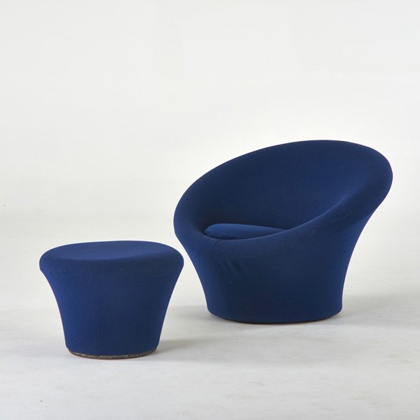 PIERRE PAULIN; ARTIFORT: Swivel lounge chair and ottoman, Netherlands; Wool upholstery; Upholstery label; Chair: 25" x 34" x 32", ottoman: 14" x 19" dia.