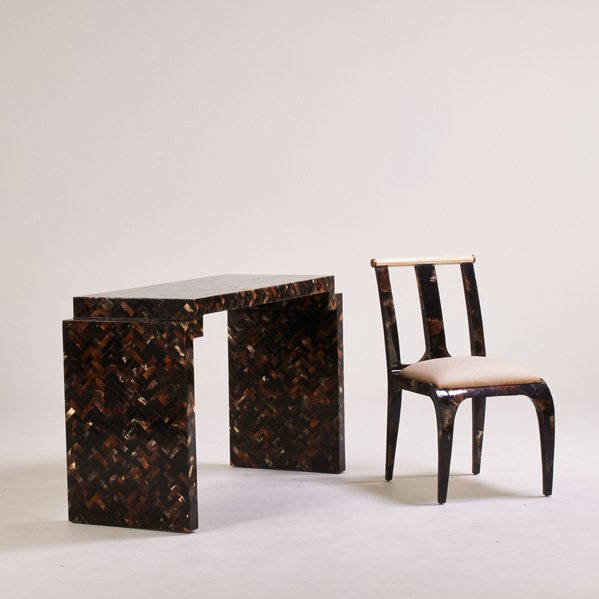 ENRIQUE GARCEL: Console table and chair, Columbia, 1980s; Lacquered horn, bone and brass; Stenciled markings to table; Console: 32 1/2" x 54" x 20", chair: 35" x 18 1/2" x 24"