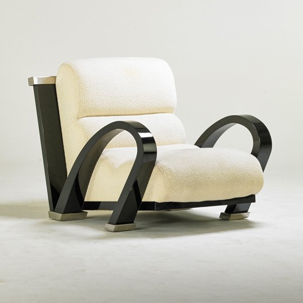 ENRIQUE GARCEL: Lounge chair, Colombia, 1990s; Lacquered wood, chromed steel, chenille; Manufacturer label; 35" x 38" x 44"