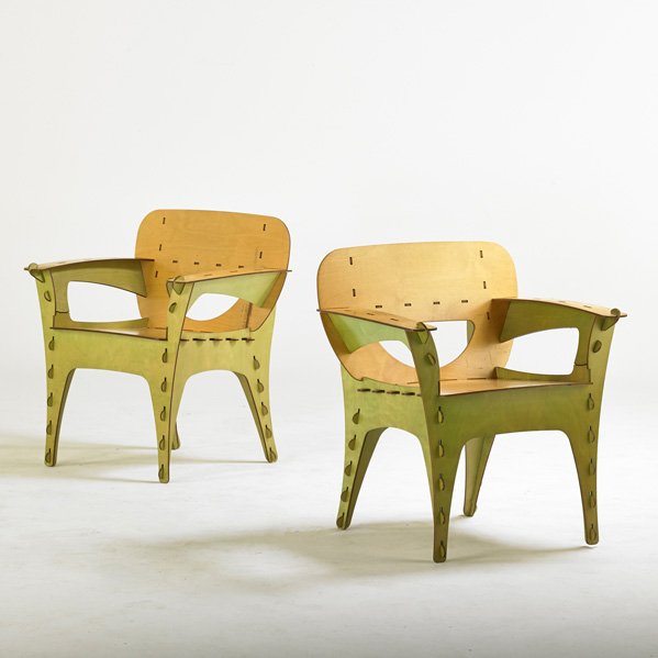 DAVID KAWECKI; 3D INTERIORS: Pair of Puzzle arm chairs, San Francisco, CA, 1991; Birch, plywood; Branded; Each: 32" x 30" x 24"