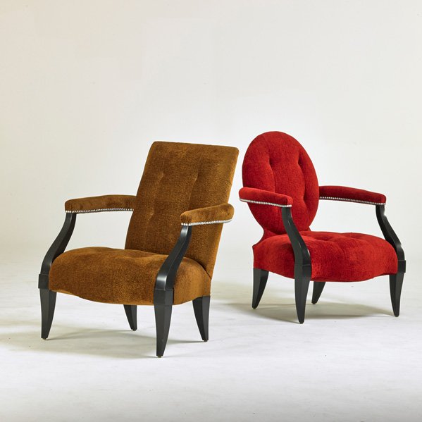 DONGHIA: Two lounge chairs, USA, 1990s; Ebonized wood, chenille, nickeled studs; Upholstery labels; 35 1/2" x 28" x 30"