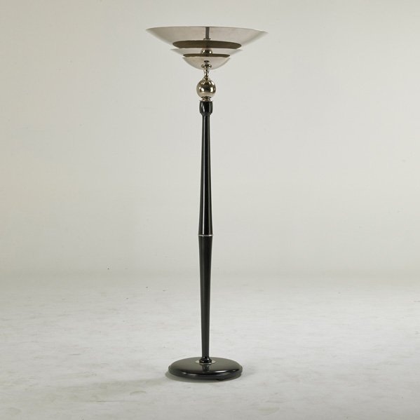 CONTEMPORARY LIGHTING: Three socket torchere, 1990s; ebonized wood, chromed steel; Unmarked; 67" x 24" dia.