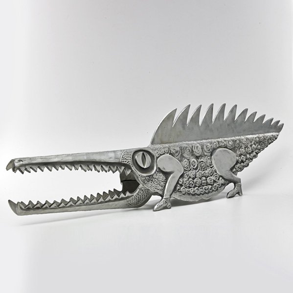 DONALD DRUMM: Freestanding alligator sculpture, Akron, OH, 1997; Brushed aluminum; Signed and dated; 14 1/2" x 6 1/2" x 55 1/2"