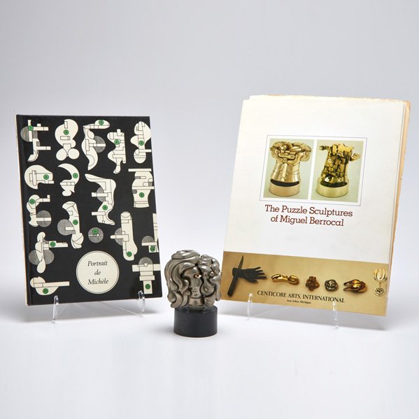 MIGUEL BERROCAL (Spanish, 1933-2006): Portrait of Michelle" puzzle sculpture, together with book and pamphlet about the object, Spain, ca. 1969; Nickel-plated brass, plastic base; Stamped; 4" x 3