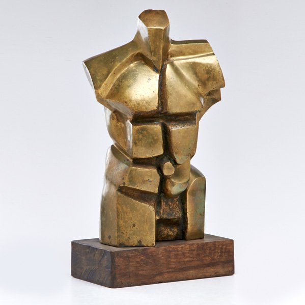 BRONZE SCULPTURE: Cubist torso of man on wenge base, 20th c.; Partially legible signature, reads "B. Idirissa/Repizaire/2-3"; 24" x 12 3/4" x 7 3/4"