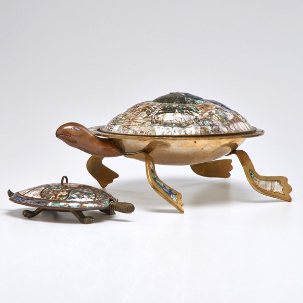 MEXICAN METAL: Two lidded turtle serving dishes, Mexico, 1983; Brass, copper, abalone; One marked "Metales / Heche en Mexico / Hand wrought / 83"; Larger: 6 1/2" x 9 1/2" x 13 3/4"