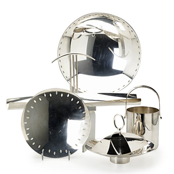 LINO SABATTINI: Five silver-plated pieces: three serving trays, two with pierced rim; a canopy tray; and a small handled ice bucket, Italy, 1970s; All but one marked Sabattini Italy; Largest tray: 8 3/4" x 19 3/4" x