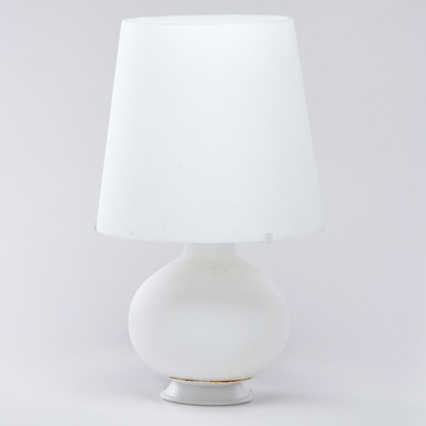 MAX INGRAND (1908 - 1969); FONTANA ARTE: Table lamp, Italy, 1960s; Cased glass, painted metal; Manufacturer label; 21" x 12 1/2" dia.