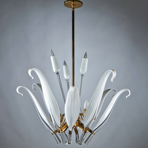 FRANCO LUCE: Chandelier, Italy, 1970s; Gold plated brass and cased glass; Sticker label; To ceiling cap: 35"