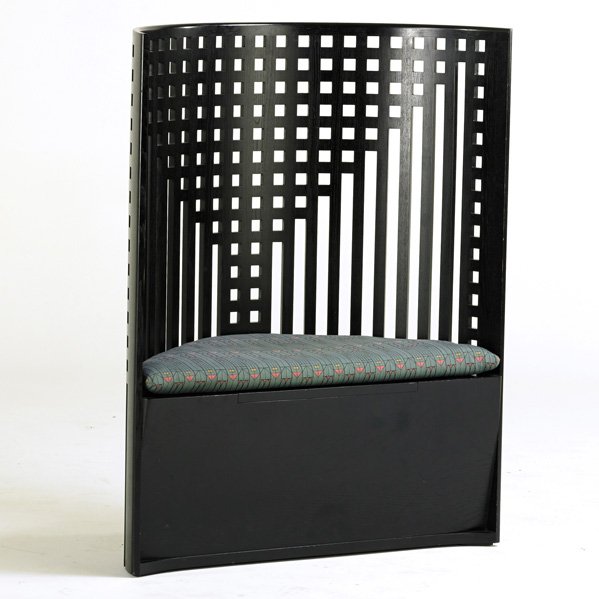 CHARLES RENNIE MACKINTOSH; CASSINA: Willow chair, Italy, 1990s; Lacquered oak, upholstery; Ink stamped and impressed numbers; 47" x 37" 17"