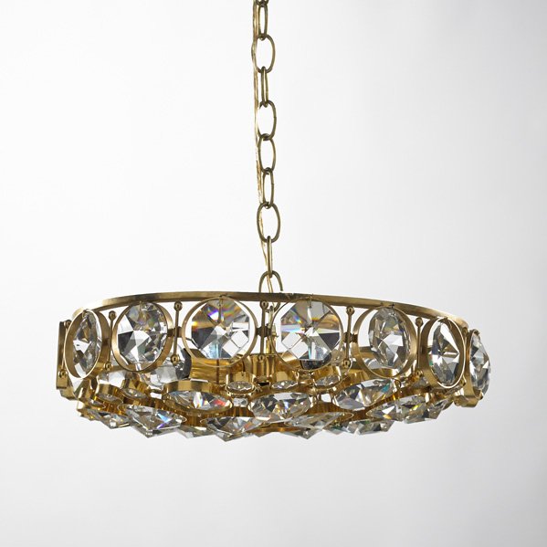 GAETANO SCIOLARI: Four-socket hanging fixture, 1960s; Brass, crystal; Unmarked; 4 1/2" x 15 1/2" dia.