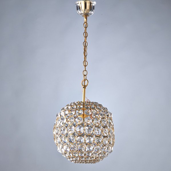 GAETANO SCIOLARI: Spherical polished brass and crystal pendant light with glass ceiling cap, 1960s; Unmarked; To ceiling cap: 24 1/2" x 8 1/4" dia.