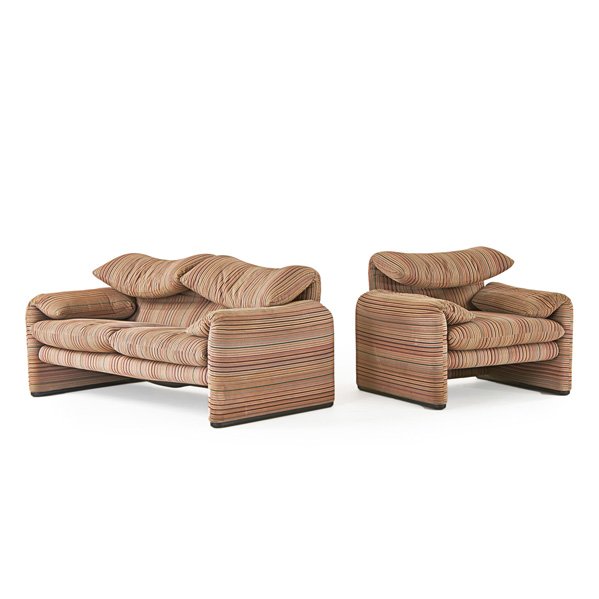 VICO MAGISTRETTI; CASSINA: Maralunga settee and lounge chair, Italy, 1970s; Upholstery, plastic; Upholstery labels; Settee: 30" x 67" x 34", lounge chair: 30" x 40" x 34"