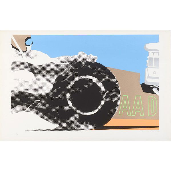 GERALD LAING (British, 1936-2011): Five screenprints in colors from the Dragsters series, 1968; "AAD,", "Deceleration I," "Deceleration II," "Swamp Rat IV," "CT Strokers" (two framed); All signed, stamped, dated, titled and numbered; E