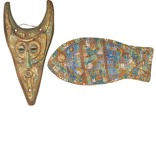 SASCHA BRASTOFF: Two glazed ceramic wall-hanging plaques, California; Both marked; Larger: 18" x 9" x 1/2"