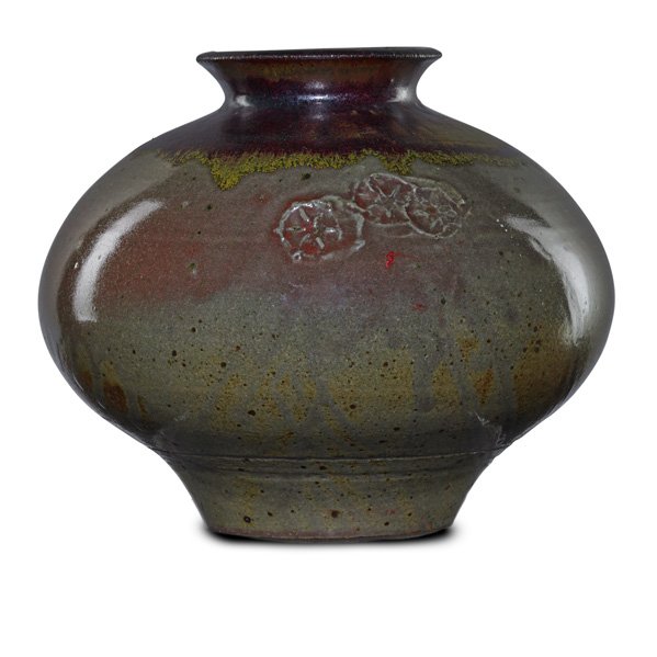 ROBERT TURNER: Squat vessel, celadon and oxblood glaze; Signed; 6 1/2" x 7 3/4"