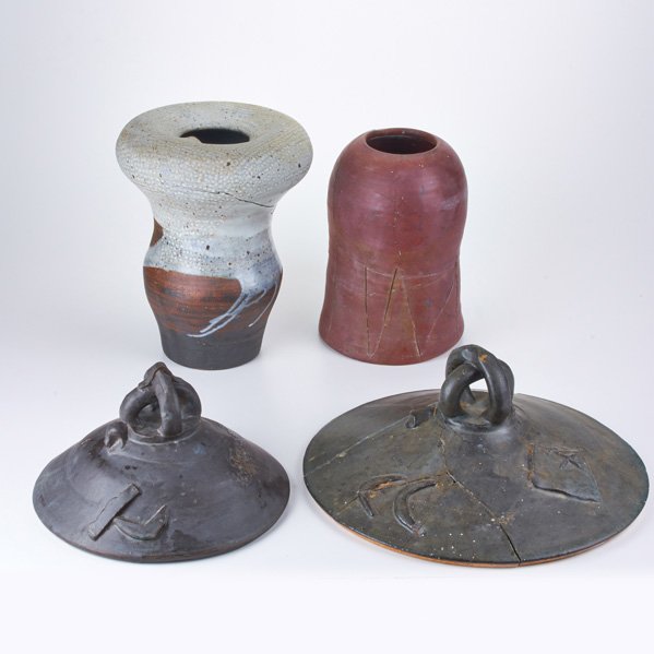 ROBERT TURNER: Four pieces of stoneware in As Found condition, USA, mid-to-late 20th c.: Two "Ashanti" lids, two vases; Most unmarked; Largest: 12 3/4" x 10" dia.