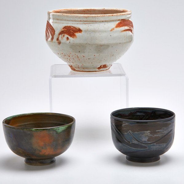 WARREN MACKENZIE (b. 1924); REGIS BRODIE (b. 1942): Three bowls, USA, 20th c.: Mackenzie bowl in shino glaze and two Regis Brodie bowls; All but one marked; Largest: 5" x 7 1/4" dia.