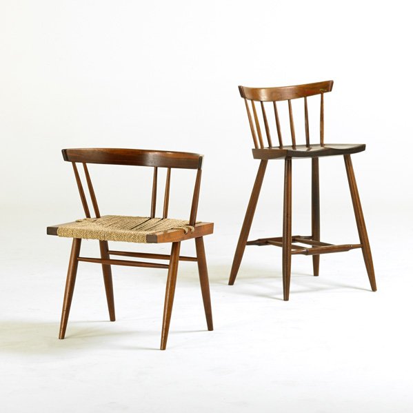 GEORGE NAKASHIMA; NAKASHIMA STUDIOS: High stool and grass seated chair, New Hope, PA; Walnut, grass cord; Chair signed "George Nakashima," Stool signed with client name, stool: 34" x 19" x 17", chair: 27 1/2" x 23" x 19"