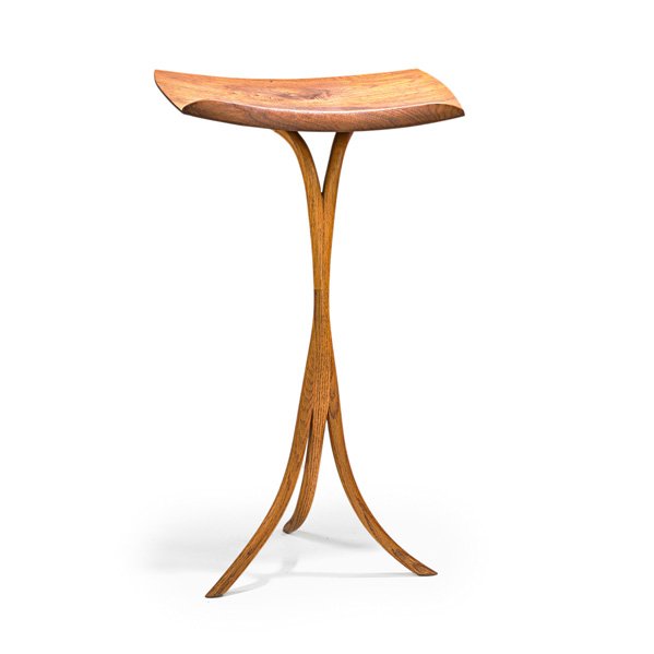 PHIL TENNANT: Music stand, Indianapolis, IN, 1980s; Walnut, laminated and bent oak; Incised P. Tennant; 39" x 23 1/4" x 18"