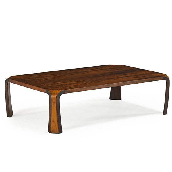 SABURO INUI; TENDO MOKKO: Jacaranda low table, Japan, 1960s; Unmarked; 13 1/2" x 47 1/2" x 29 1/2"