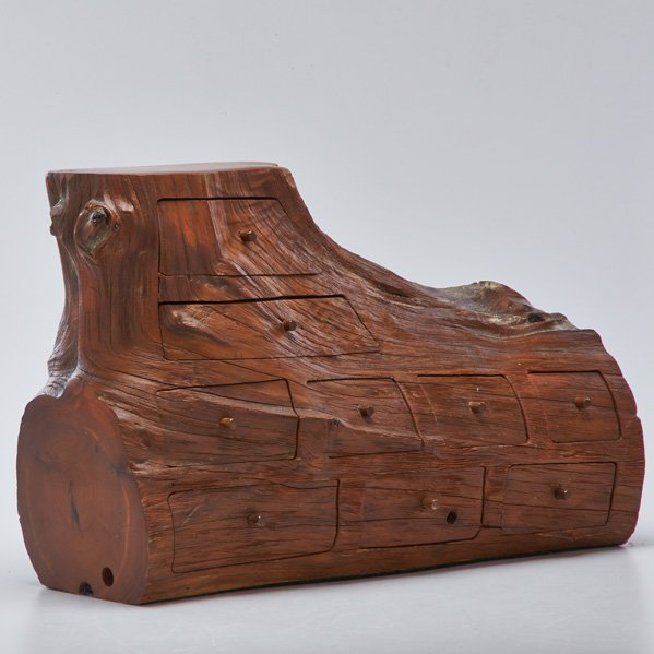 JEFF TRAG: Craft box with velvet lined drawers in the shape of a log, 20th c.; Cedar; Unmarked; 12 1/4" X 8 1/2 x 17 3/4"