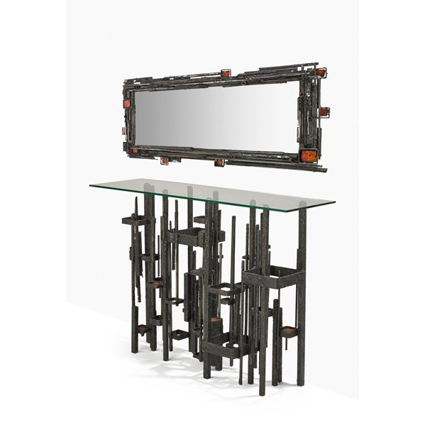 JAMES BEARDEN: Space Port console and Portal mirror, Des Moines, IA, 2013; Welded, blackened, and enameled steel, glass; Both signed B; Console: 33 1/2" x 48" x 14", mirror: 44" x 23" x 3 1/2" _x000D_