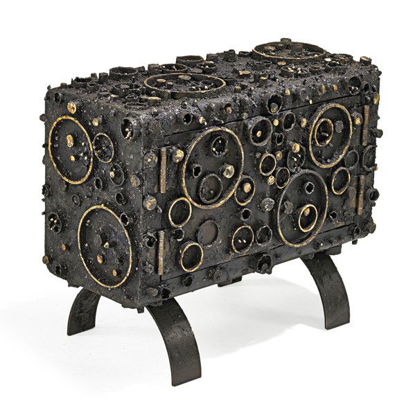 JAMES BEARDEN: Crater credenza, Des Moines, IA, 2013; Welded and blackened steel, bronze; Signed B; 24 1/2" x 30" x 14"