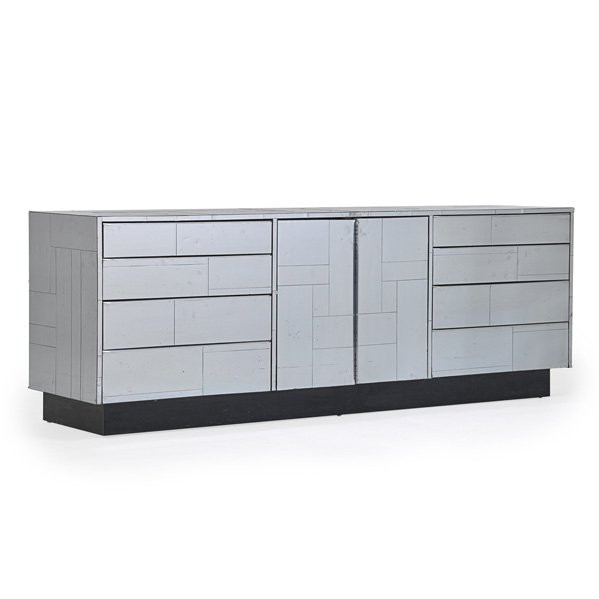 STYLE OF PAUL EVANS: Cabinet, USA, 1970s; Chromed steel, aluminum, laminate; Unmarked; 32" x 90 1/4" x 23"