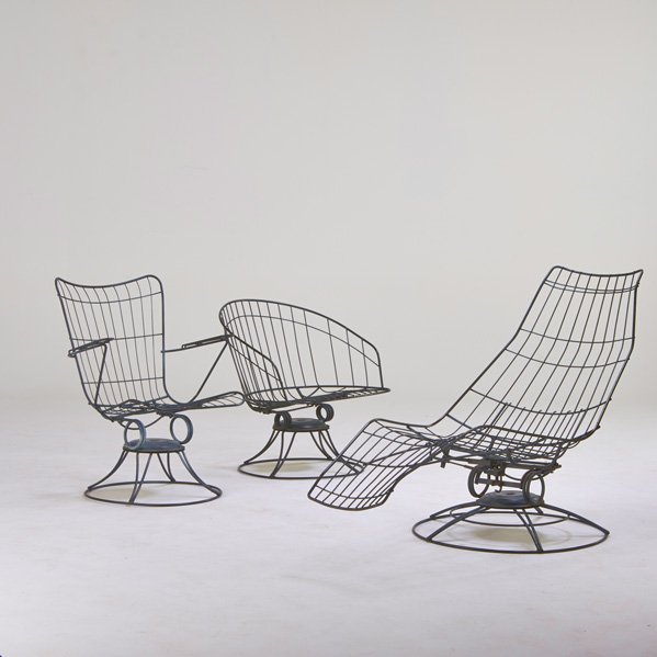 GARDEN FURNITURE: Two lounge chairs and one chaise lounge, USA, 1960s; Enameled steel; Unmarked; Chaise lounge: 32" x 28" x 63"